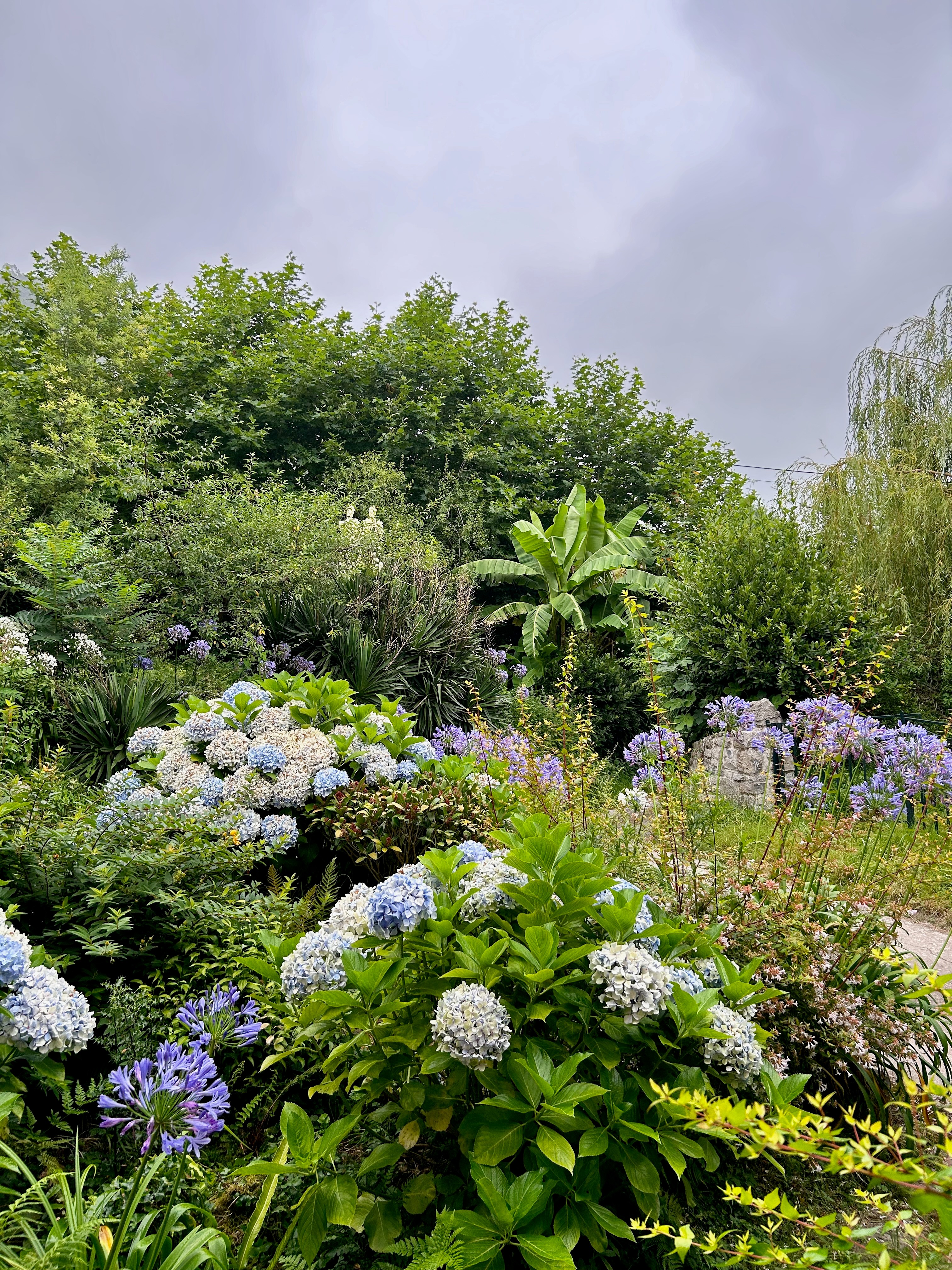 green garden with ponds and fountains